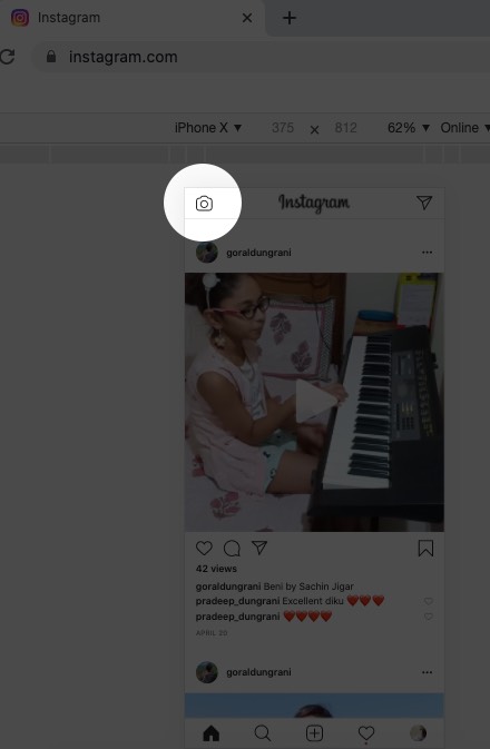 Нажмите на значок камеры в Instagram на Mac