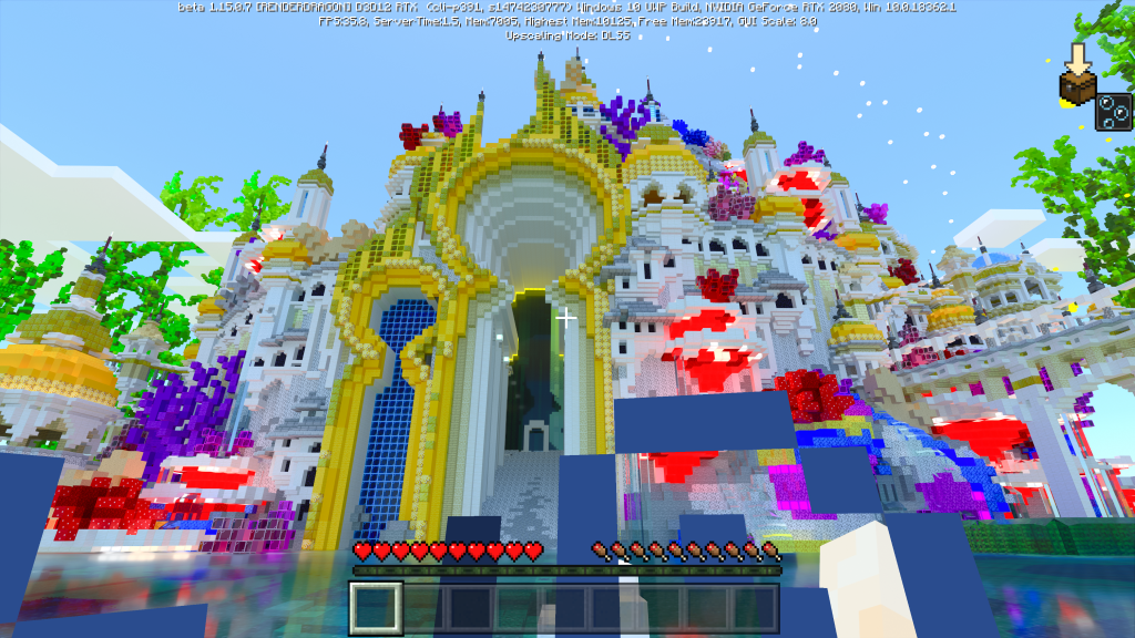 Thành phố với những ngôi đền màu sắc và ánh sáng trong Minecraft RTX