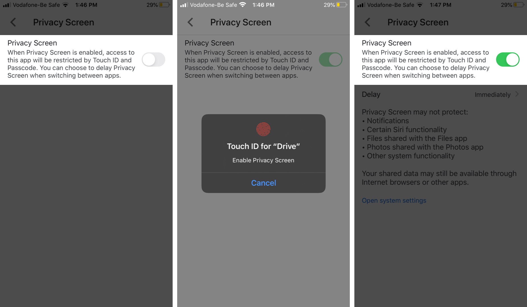 İPhone'unuzda Google Drive'da Gizlilik Ekranı Özelliklerini açma