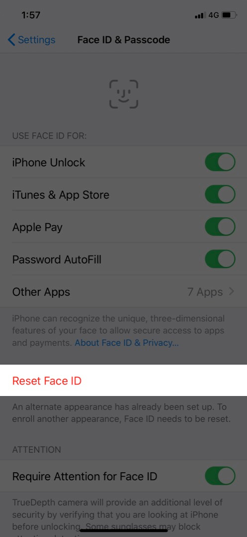 Nhấn vào Đặt lại Face ID để xóa chế độ xem thay thế trên iPhone của bạn