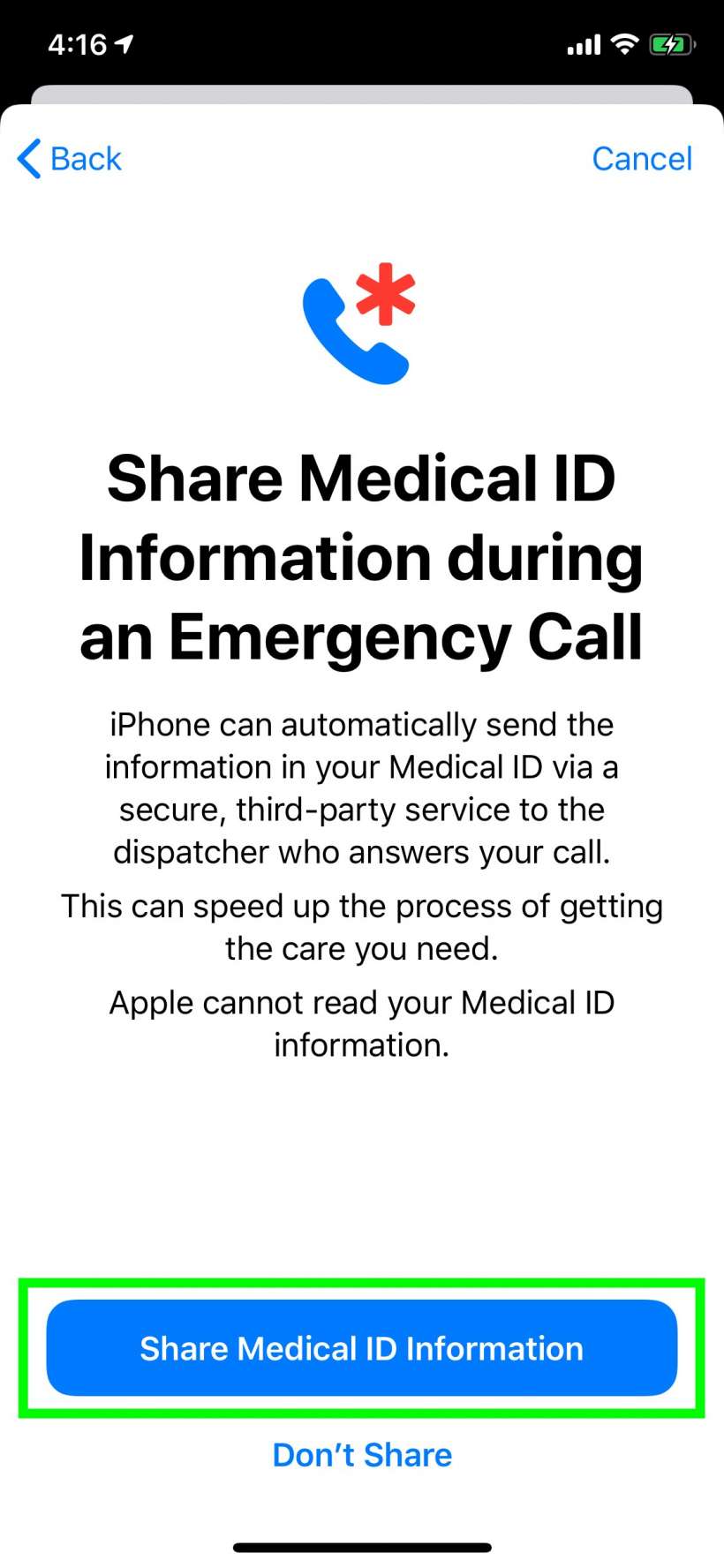 Cara berkongsi ID Perubatan anda secara otomatis jika anda membuat panggilan kecemasan di iPhone daripada iPad.