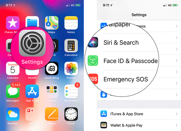 Trên iPhone X, chạm vào Cài đặt, sau đó Face ID và Mật khẩu