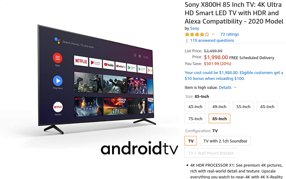 85-дюймовый Android-телевизор Sony X800H теперь стоит $ 1,998 Amazon (Скидка 300 $) 1