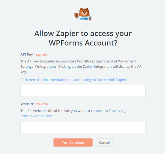 Masukkan kunci API anda dari WPForms dan URL laman web anda