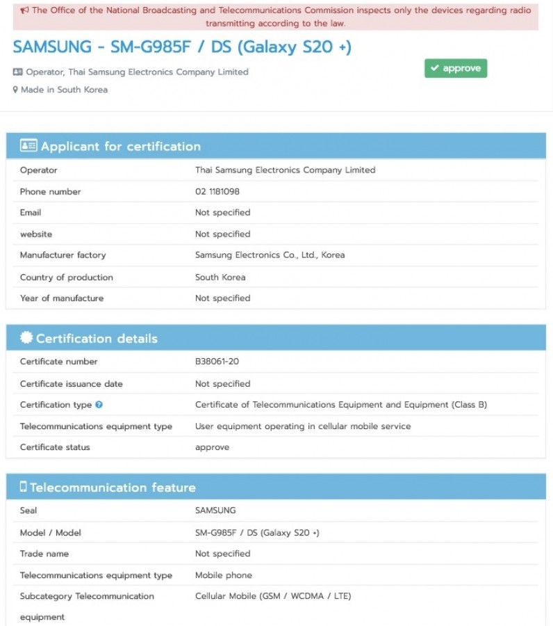 Galaxy Značka S20 potvrdená certifikáciou NBTC 1114