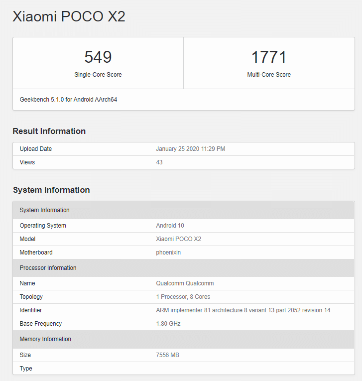 Poco X2 prichádza s variantmi 6 GB a 8 GB RAM, skóre Geekbench potvrdené. 194