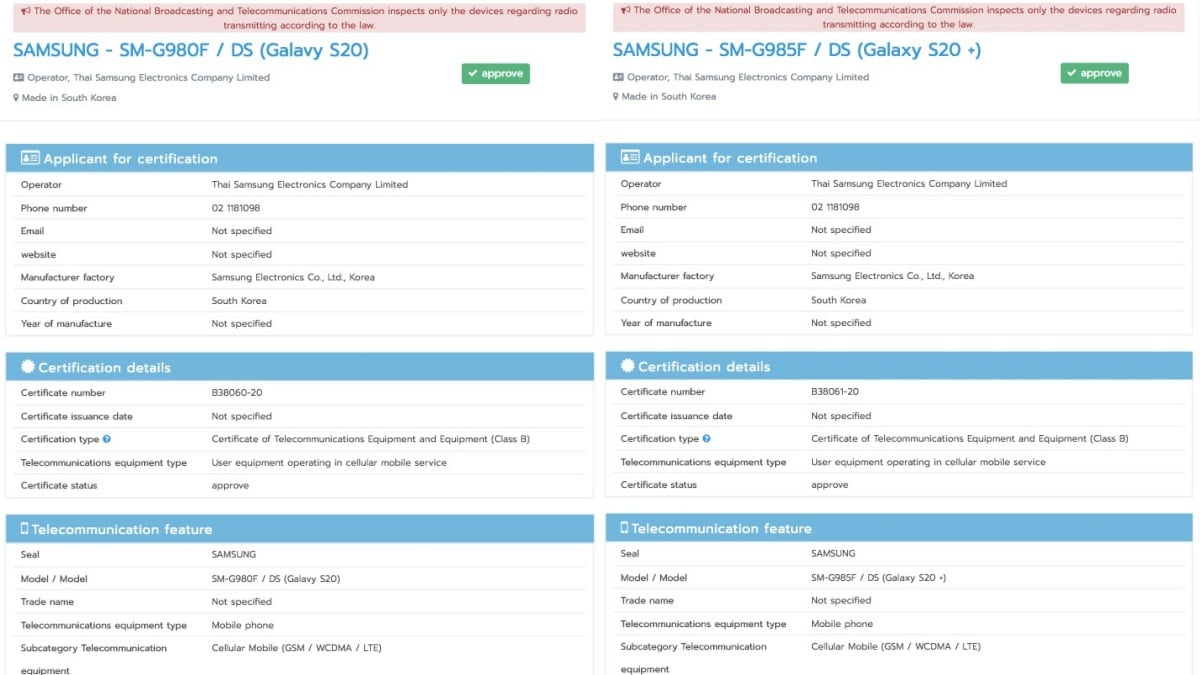 Samsung Galaxy S20, Galaxy S20+ Branding Surfaces on Thai Regulator’s Website: Report