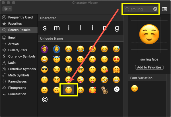 Usmievavá tvár Emoji v Macu