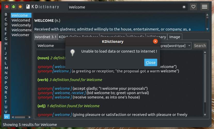 rozhranie aplikácie slovníka K offline v Ubuntu Linux